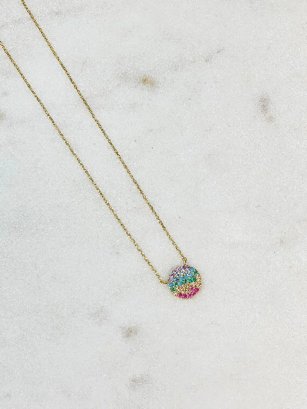 Cubic Zirconia Rainbow Disc Pendant Necklace