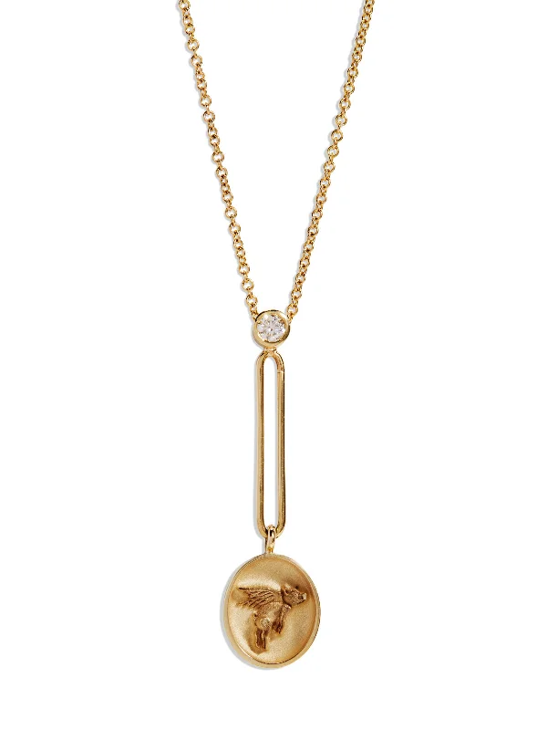 Flying Pig Fantasy Signet Yellow Gold Pendant Necklace