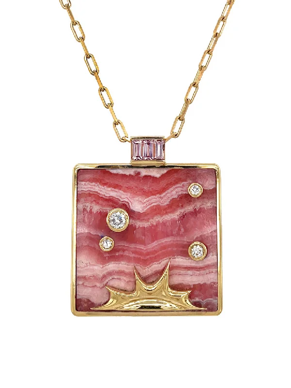 Large Rhodochrosite Optimism Yellow Gold Pendant Necklace