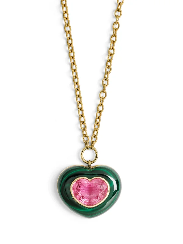 Malachite & Pink Tourmaline Lollipop Yellow Gold Pendant Necklace