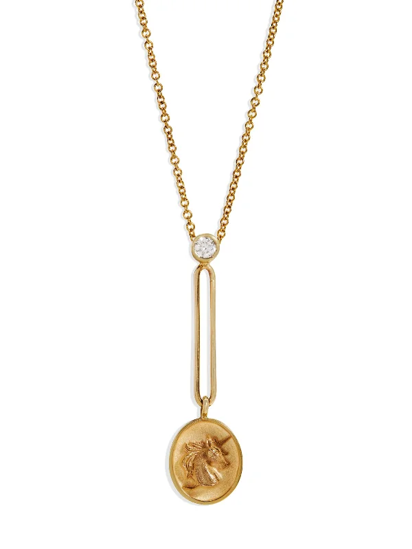 Unicorn Fantasy Signet Yellow Gold Pendant Necklace