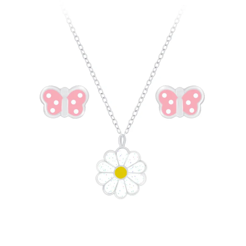 Children's Sterling Silver Daisy Pendant Necklace and Butterfly Stud Earrings Set