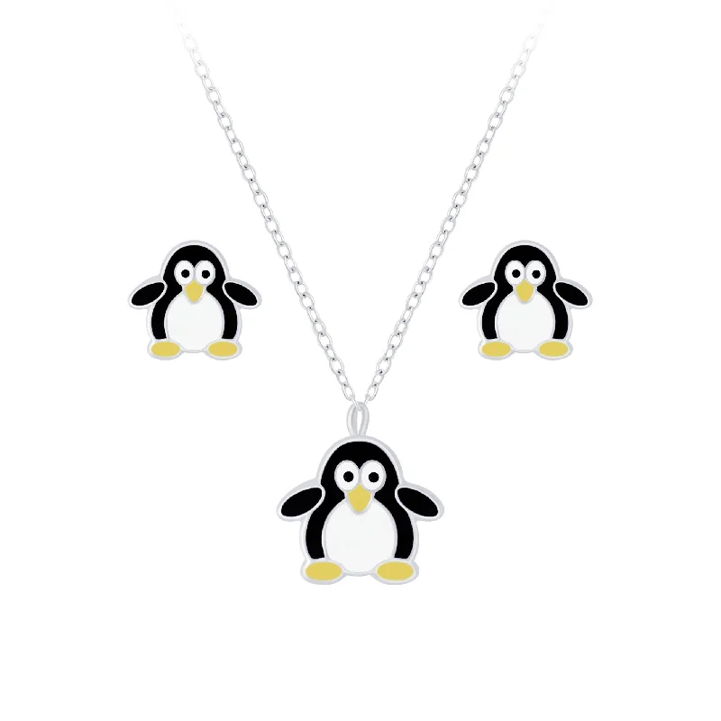 Children's Sterling Silver Penguin Pendant Necklace and Penguin Stud Earrings Set