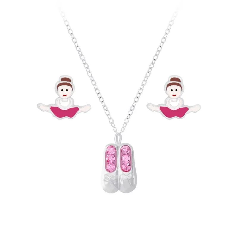 Children's Sterling Silver Pink Ballet Shoes Pendant Necklace and Pink Ballerina Stud Earrings Set