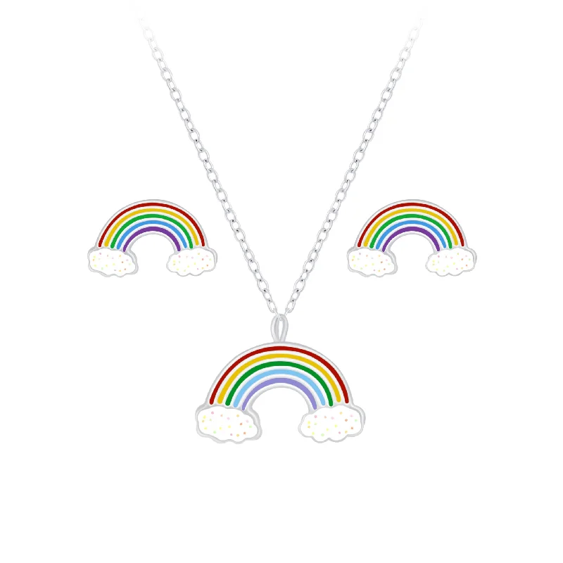 Children's Sterling Silver Rainbow Pendant Necklace and Rainbow Stud Earrings Set