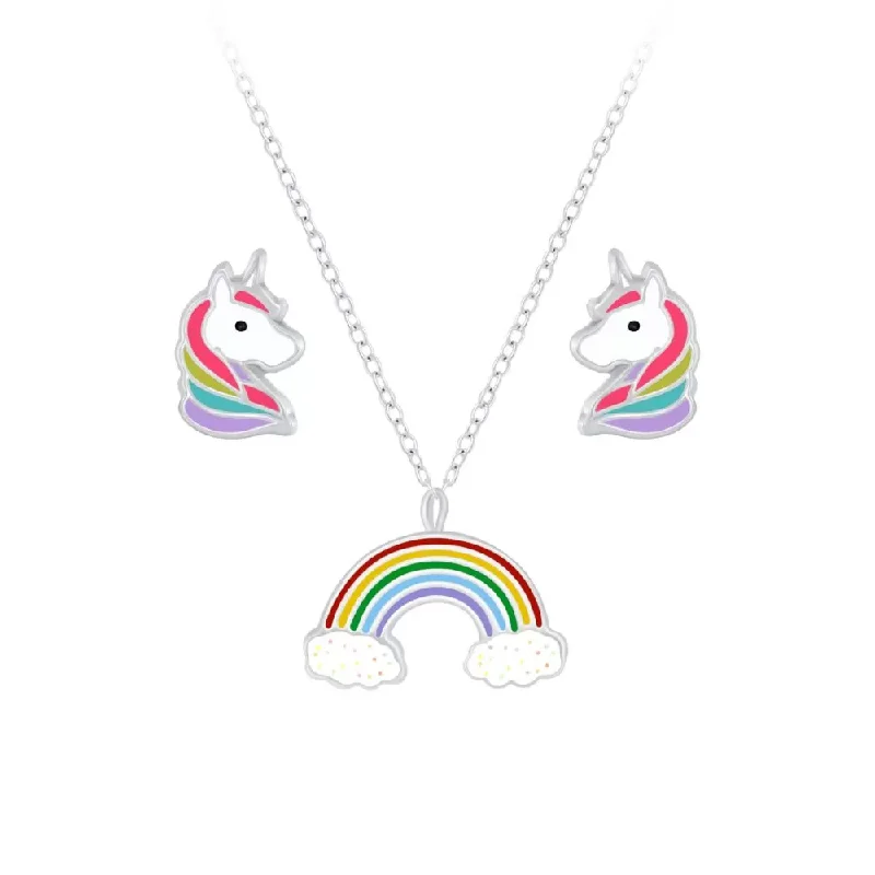 Children's Sterling Silver Rainbow Pendant Necklace and Unicorn Stud Earrings Set