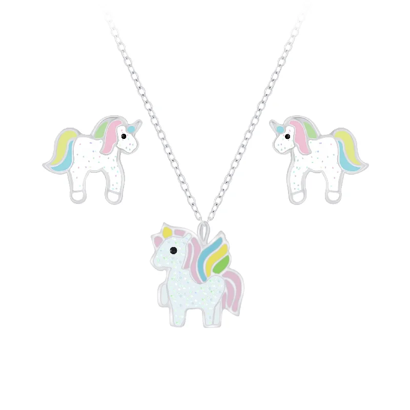 Children's Sterling Silver Unicorn Pendant Necklace and Unicorn Stud Earrings Set