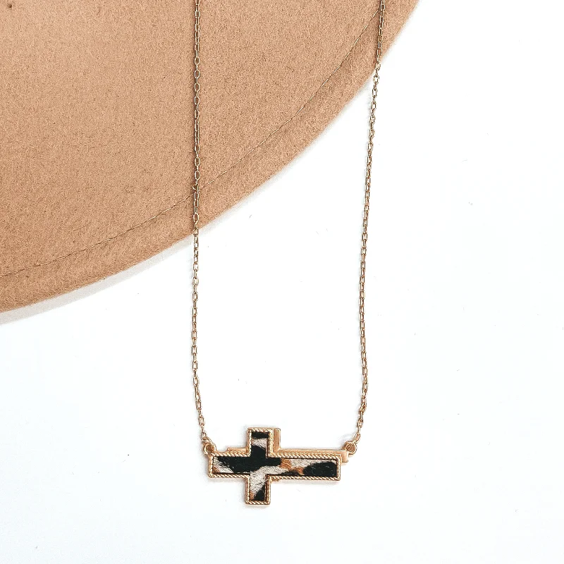 Lovely Dream Gold Cross Pendant Necklace with Faux Hide Inlay in Black, Brown, and White