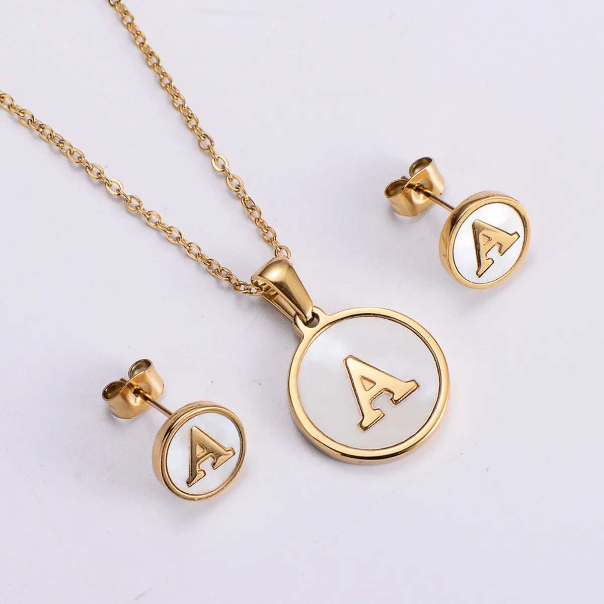 New Simple Stainless Steel Round Inlaid White Shell Letter Earrings Pendant Necklace Set