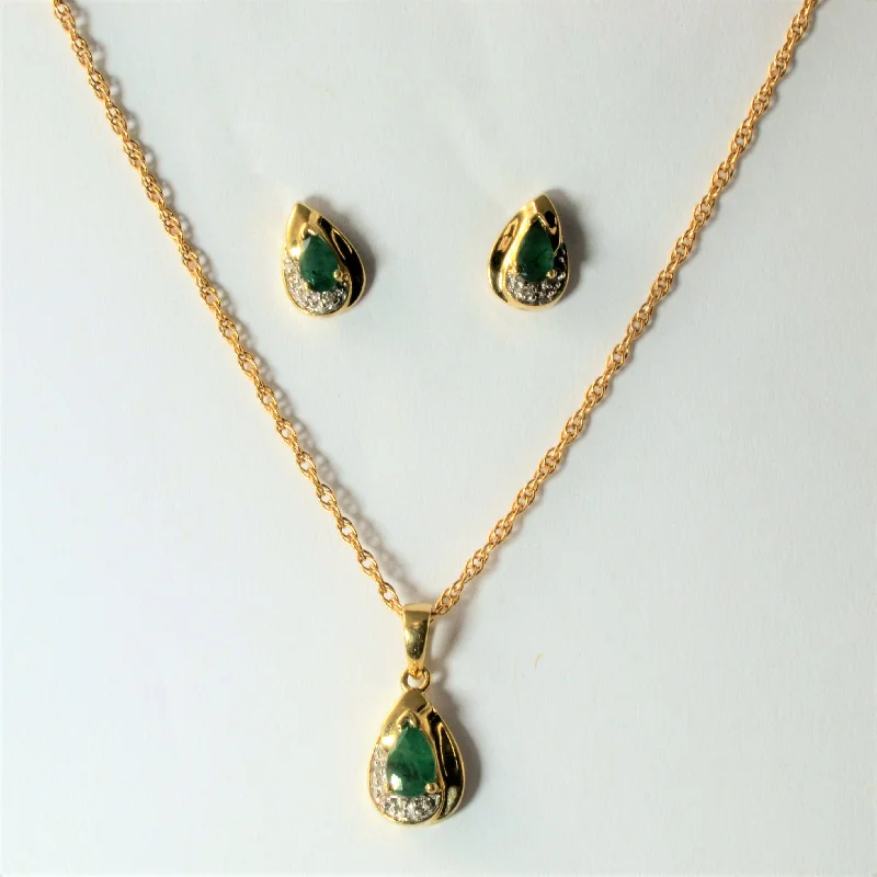 Pear Shape Emerald & Diamond Pendant Necklace & Earrings Set | 0.60ctw | 0.05ctw | 18"|