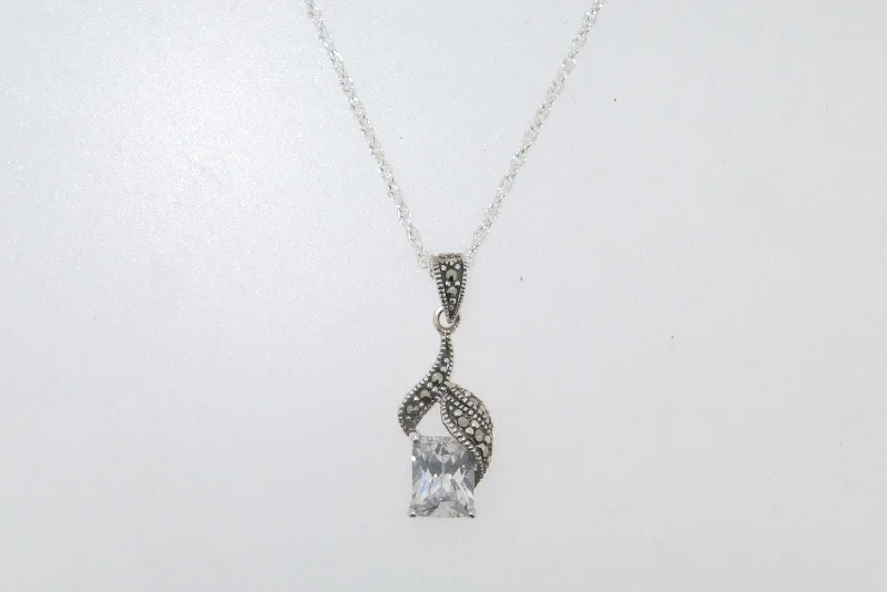 Silver Marcasite Bridal Pendant Necklace Crystal Wedding