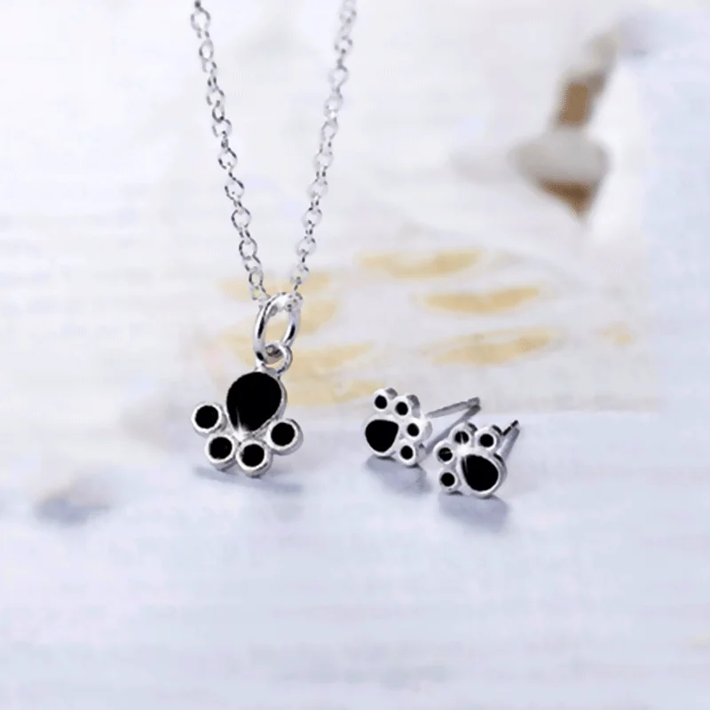 Wholesale Cute Cartoon Pendant Necklace Set Cat Dog Claw Alloy Earrings